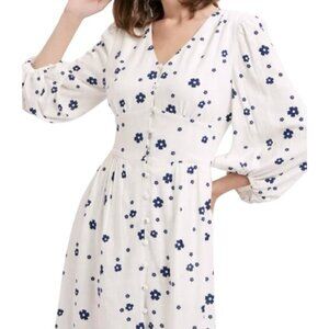 Petite Studio NYC Ivory & Blue Floral Print Whimsical Linen Blend Dress Small